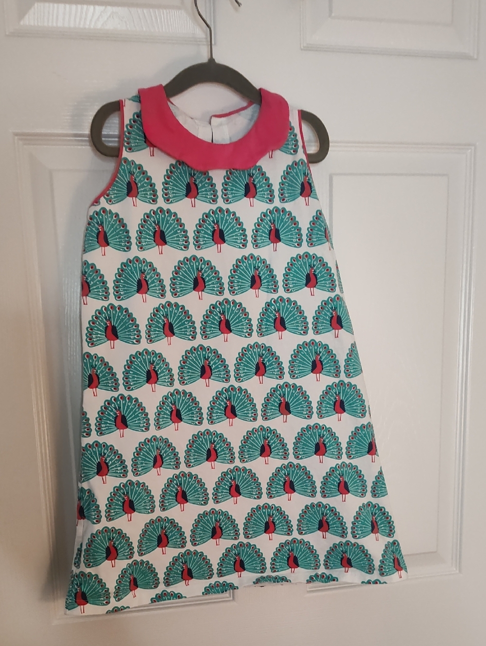 Girls' Teal Peacock Print Dress with Pink Collar